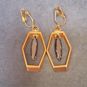 Vintage Black Rhinestone Hexagon Dangle Earrings Clip On